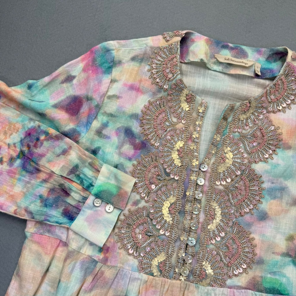 Soft Surroundings Watercolor Beaded Cotton Tunic Top L 2DB59 Multi Long Sleeve